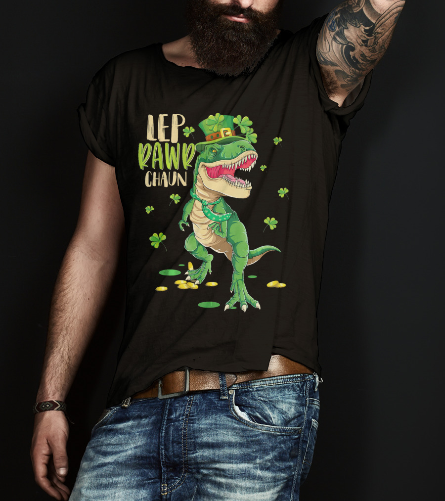 Leprawrchaun St. Patrick's Day Dinosaur With Shamrocks And Gold Coins T-Shirt