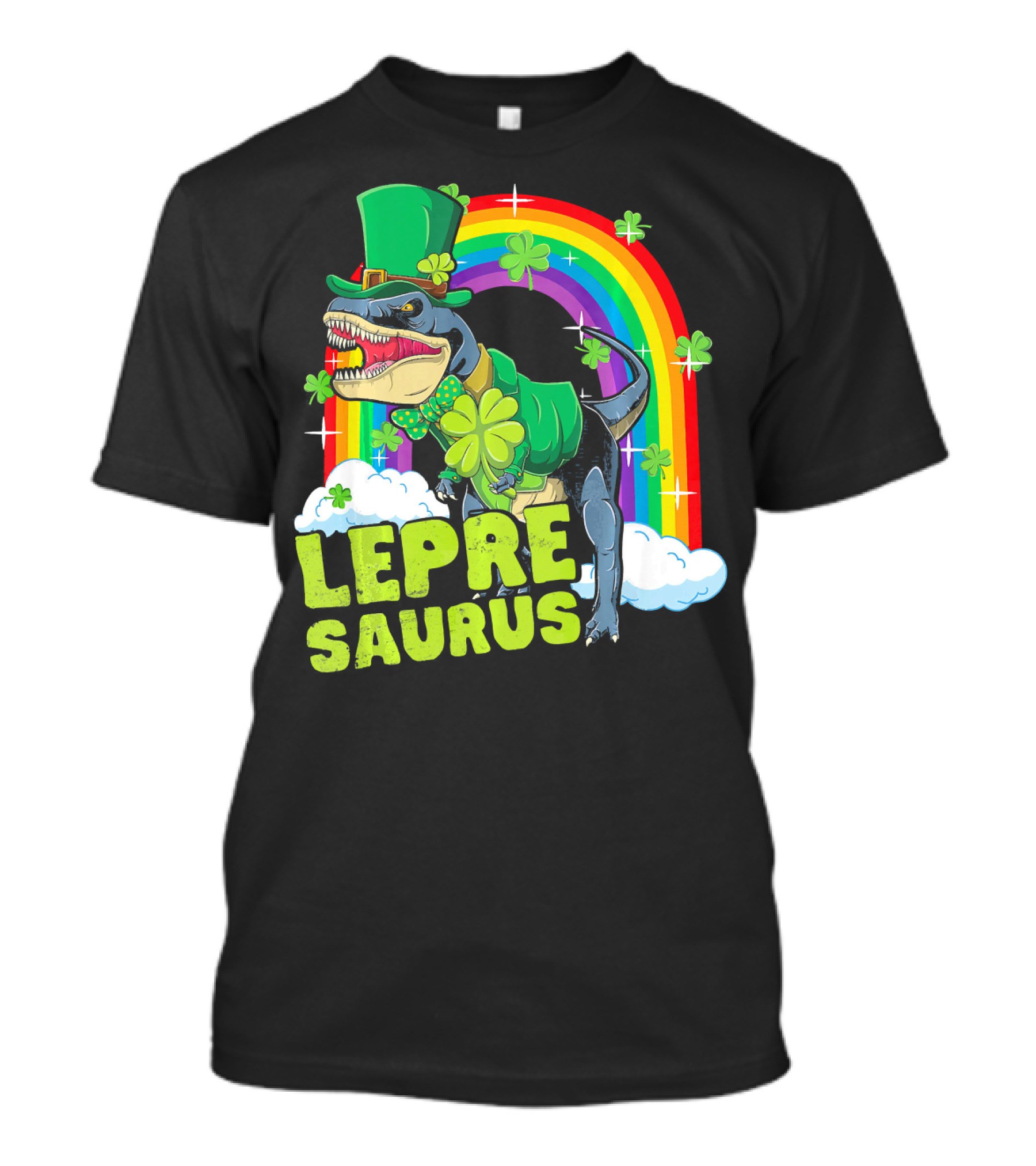 Lepresaurus Dinosaur With Shamrocks And Rainbow St Patrick's Day T-Shirt