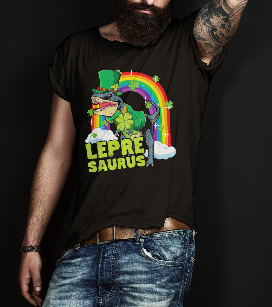 Lepresaurus Dinosaur With Shamrocks And Rainbow St Patrick's Day T-Shirt