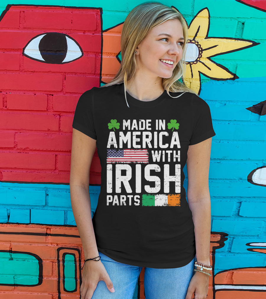 Made In America With Irish Parts Shamrock Flag Print T-Shirt