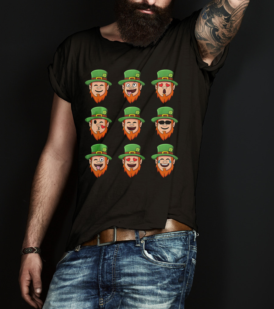 Leprechaun Emoji Faces With Various Expressions In Green Hat And Orange Beard T-Shirt
