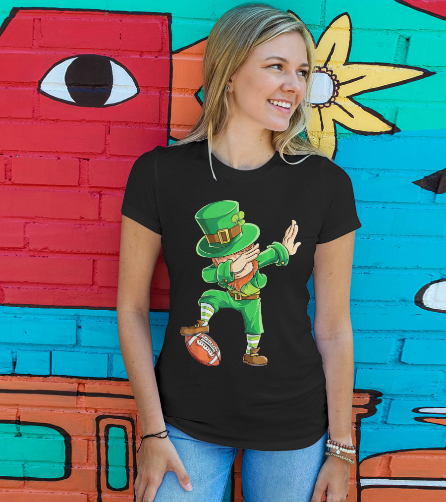 Leprechaun Dabbing On Football With Green Hat And Orange Beard T-Shirt