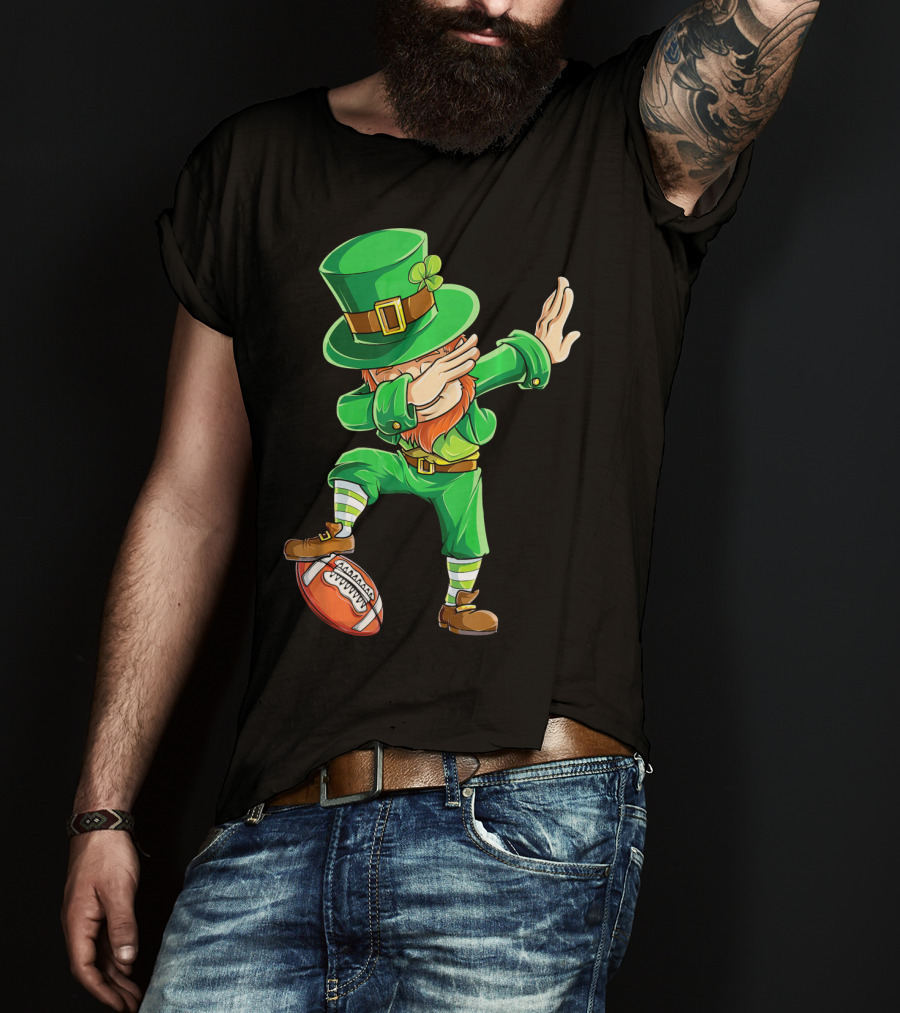 Leprechaun Dabbing On Football With Green Hat And Orange Beard T-Shirt