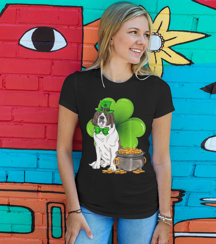Saint Bernard Leprechaun St Patricks Day Pot Of Gold Clover T-Shirt