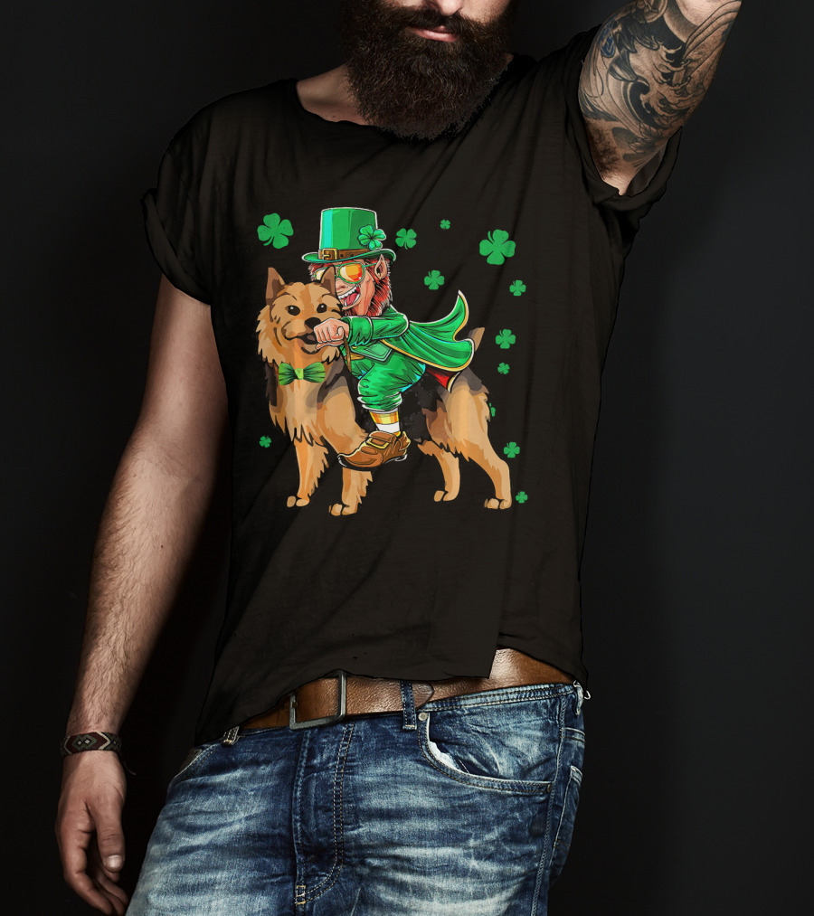 Leprechaun Riding Australian Terrier With Shamrocks T-Shirt