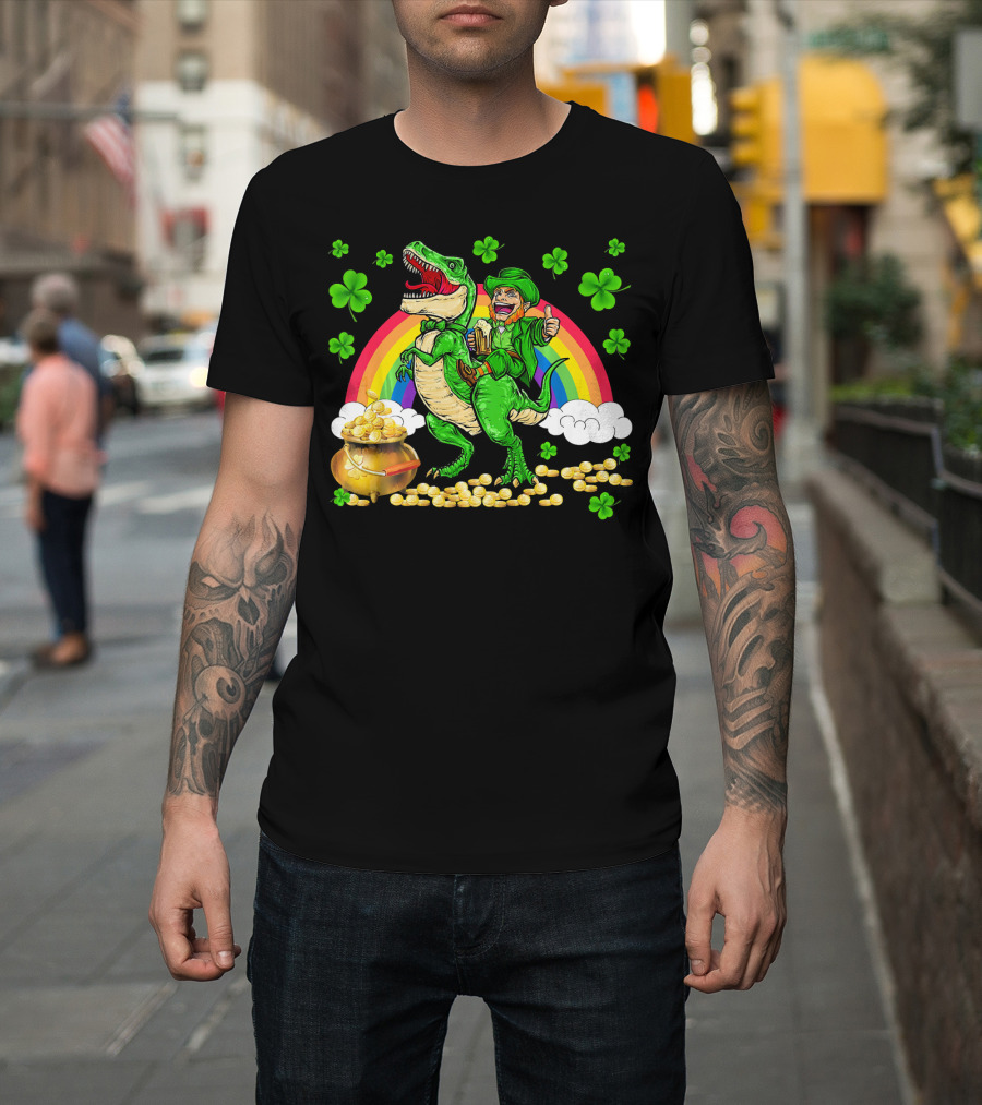 Leprechaun Riding Dinosaur With Rainbow And Pot Of Gold T-Shirt
