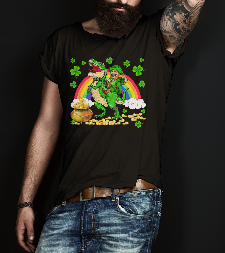 Leprechaun Riding Dinosaur With Rainbow And Pot Of Gold T-Shirt