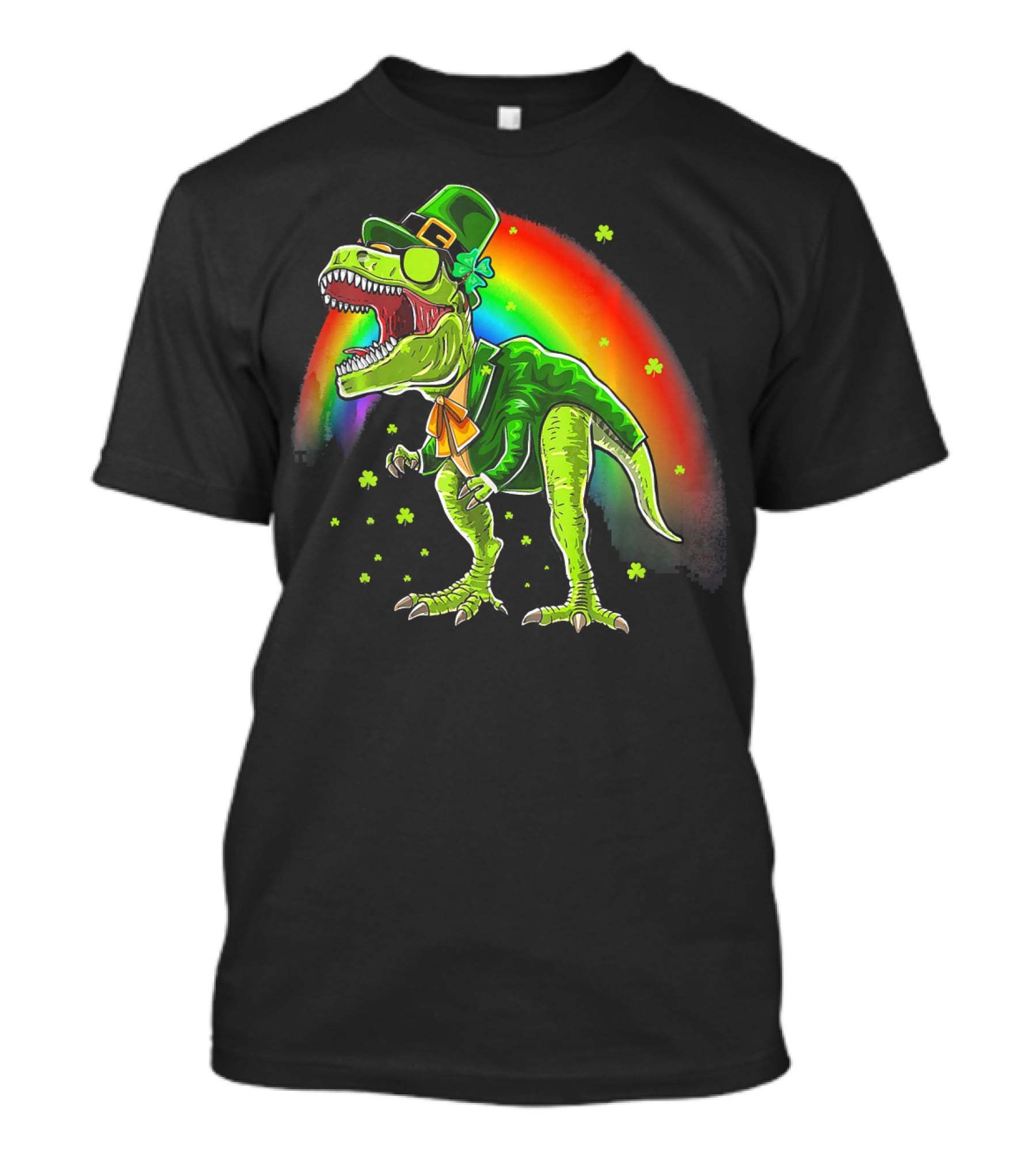 St. Patricks Day T-Rex Dinosaur Leprechaun With Rainbow And Shamrocks T-Shirt