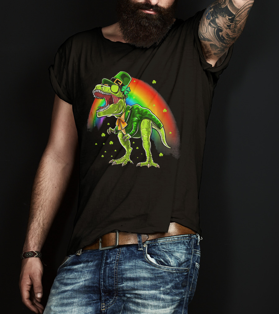 St. Patricks Day T-Rex Dinosaur Leprechaun With Rainbow And Shamrocks T-Shirt