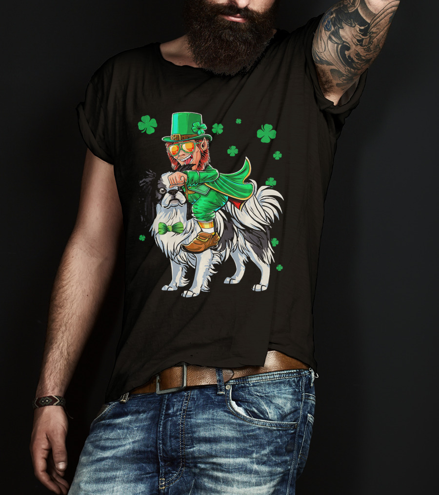 Leprechaun Riding Japanese Chin With Shamrock Clovers T-Shirt