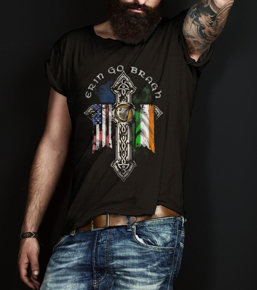Erin Go Bragh American Irish Flags Celtic Cross T-Shirt