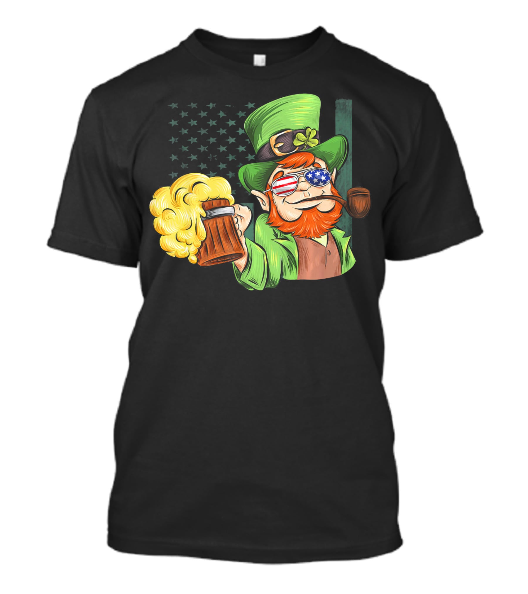 Funny Drunk Patriotic Leprechaun Beer Mug With Shamrock Hat And American Flag Sunglasses T-Shirt