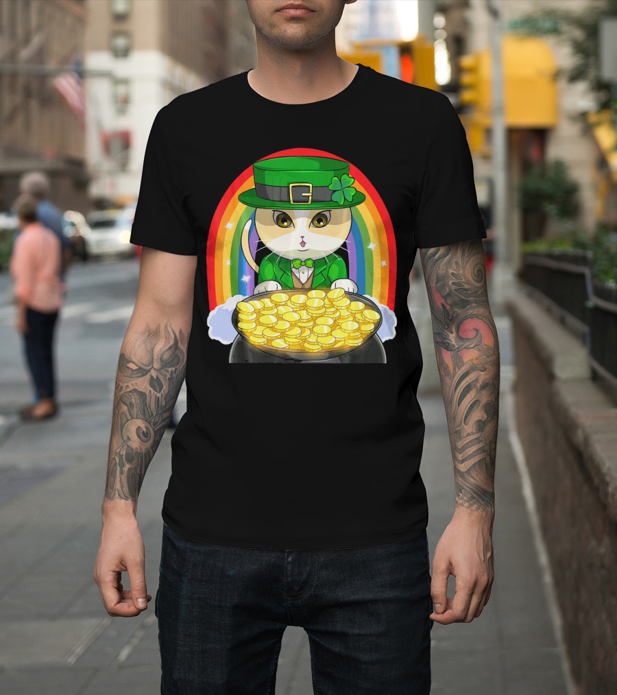 Exotic Cat Leprechaun Pot Of Gold Rainbow Happy St Patricks T-Shirt