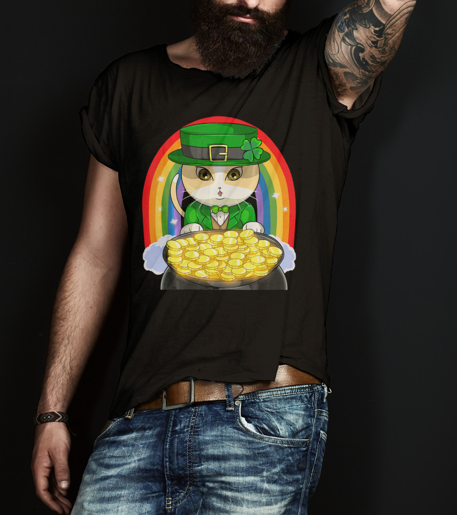 Exotic Cat Leprechaun Pot Of Gold Rainbow Happy St Patricks T-Shirt