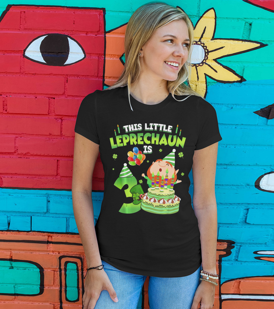 This Little Leprechaun Is 3 Birthday Celebration With Cake And Balloons T-Shirt