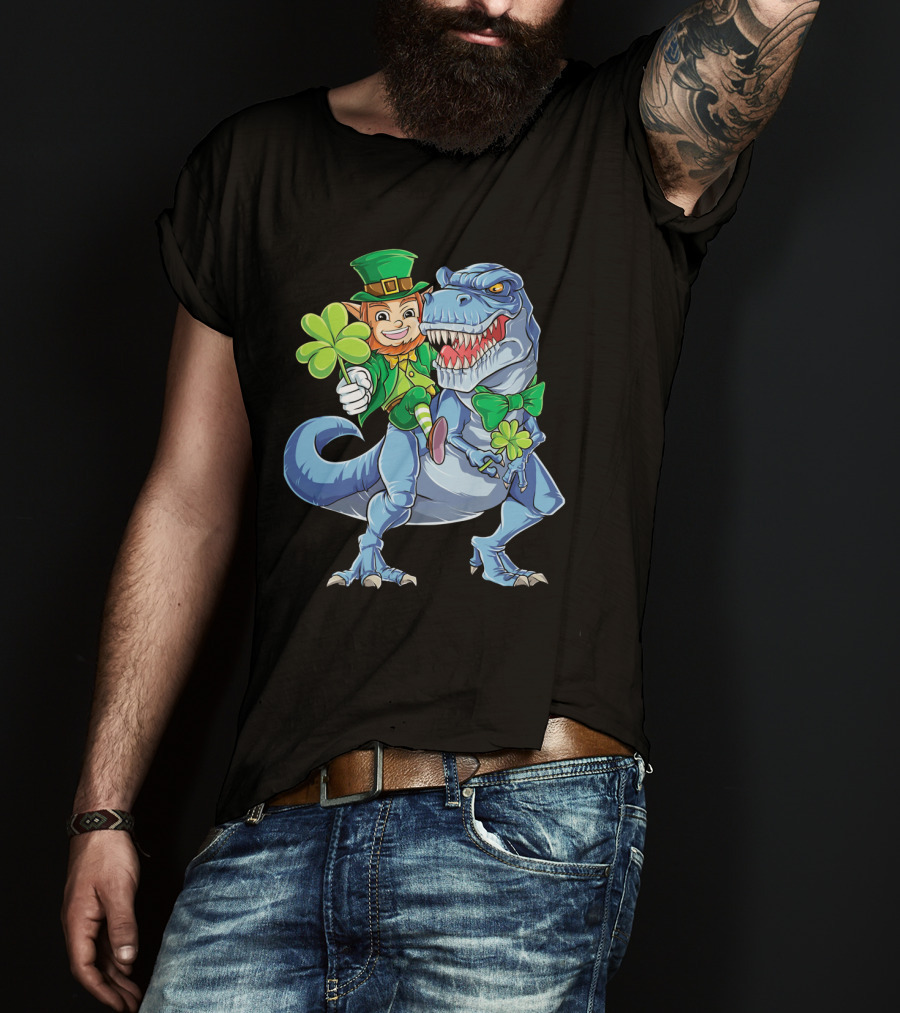 St Patricks Day Leprechaun Riding Dinosaur With Shamrock T-Shirt