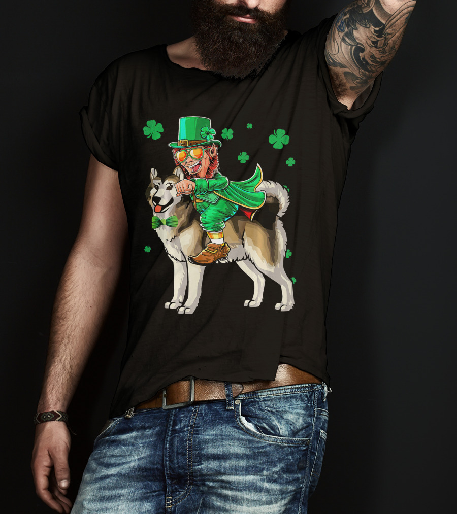 Leprechaun Riding Alaskan Malamute With Shamrocks T-Shirt