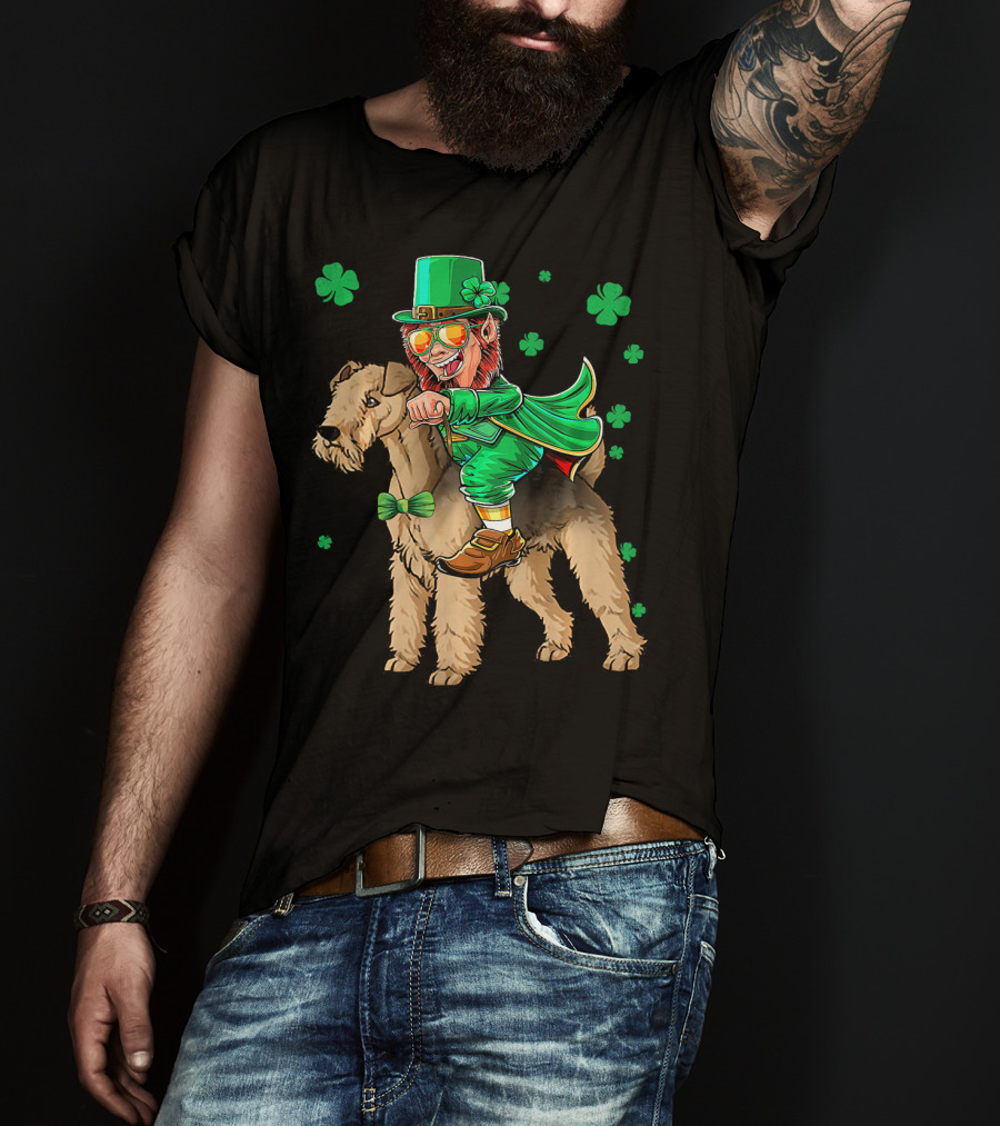 Leprechaun Lakeland Terrier Shamrock Celebration With Green Hat And Bow Tie T-Shirt