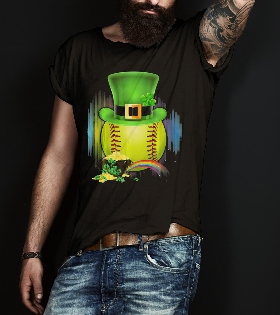 Leprechaun Softball St. Patrick's Day Coin Rainbow T-Shirt