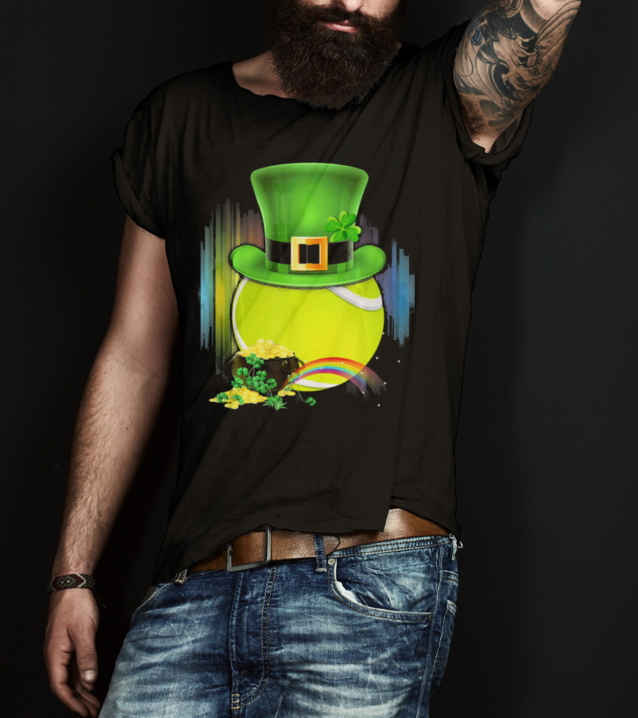 Leprechaun Hat Tennis Ball With Rainbow And Pot Of Gold For Saint Patricks T-Shirt