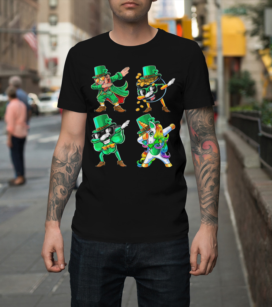 Dabbing Leprechaun Shamrock Unicorn Coin-Throwing Glasses Rabbit T-Shirt