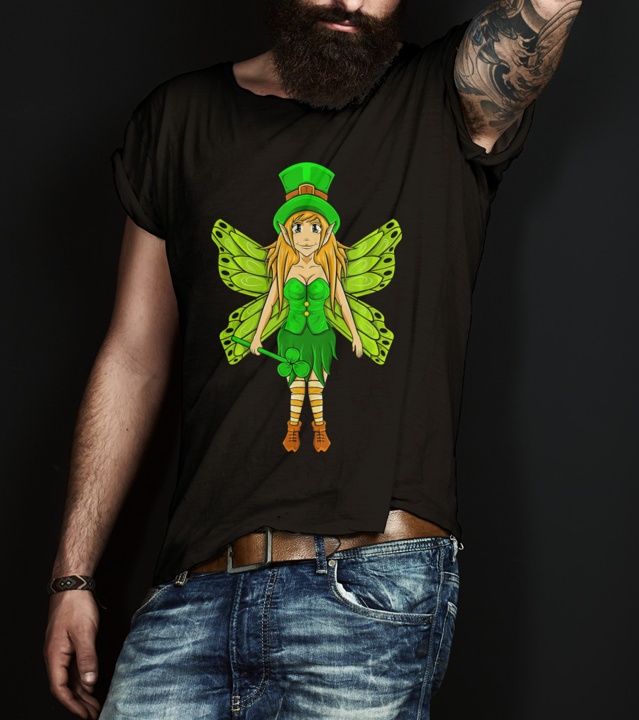 Funny St Patricks Day Leprechaun Fairy Girl With Green Wings And Clover Staff T-Shirt