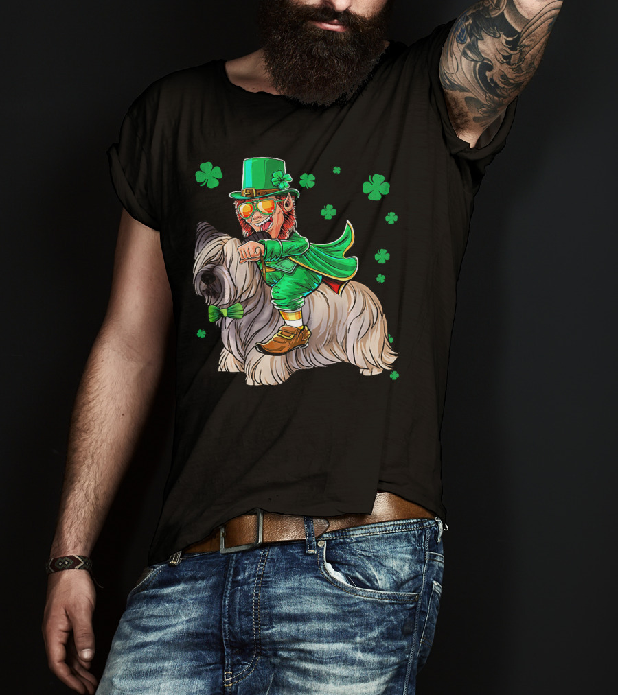 Leprechaun Riding Skye Terrier Shamrocks St. Patrick's Day T-Shirt