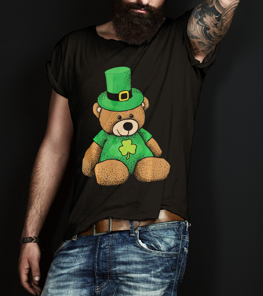 St. Patrick's Day Irish Teddy Bear With Leprechaun Hat And Clover T-Shirt