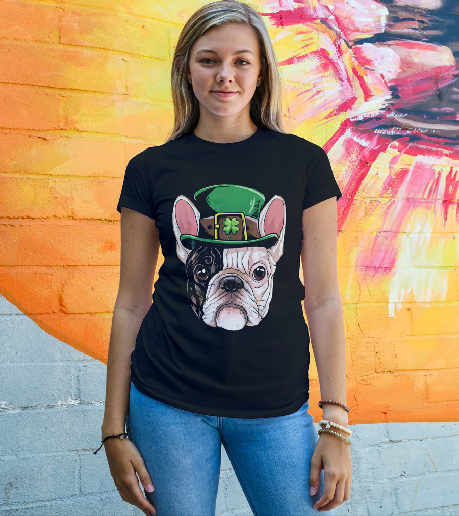 French Bulldog Leprechaun Hat St Pat Clover T-Shirt