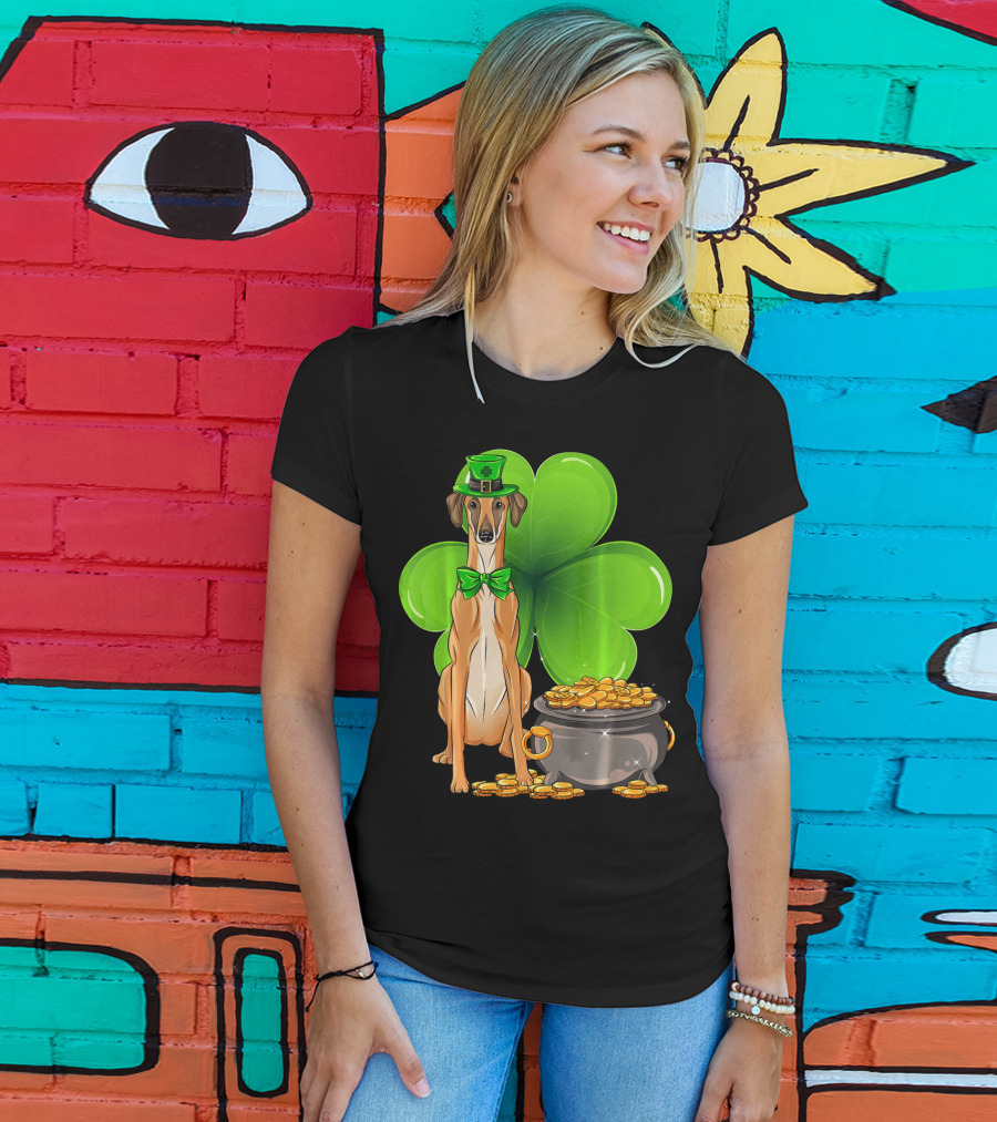 Sloughi Dog With Leprechaun Hat And Clover St Patricks Day Pot Of Gold T-Shirt
