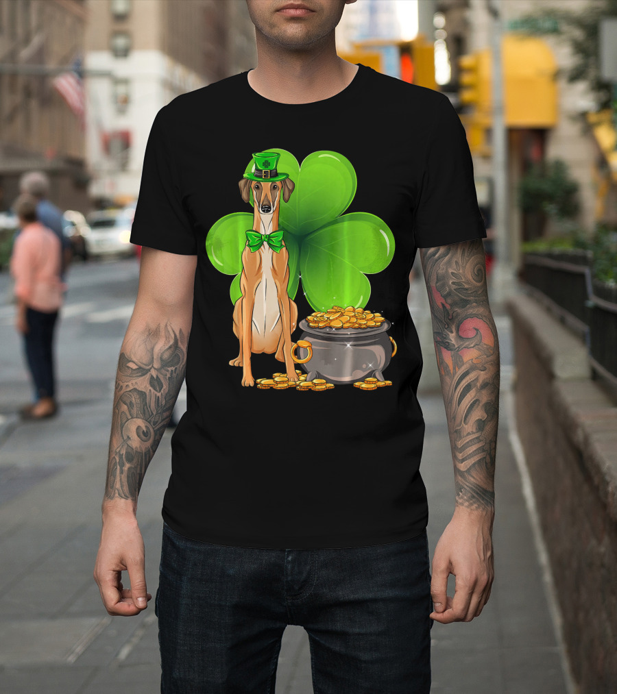 Sloughi Dog With Leprechaun Hat And Clover St Patricks Day Pot Of Gold T-Shirt
