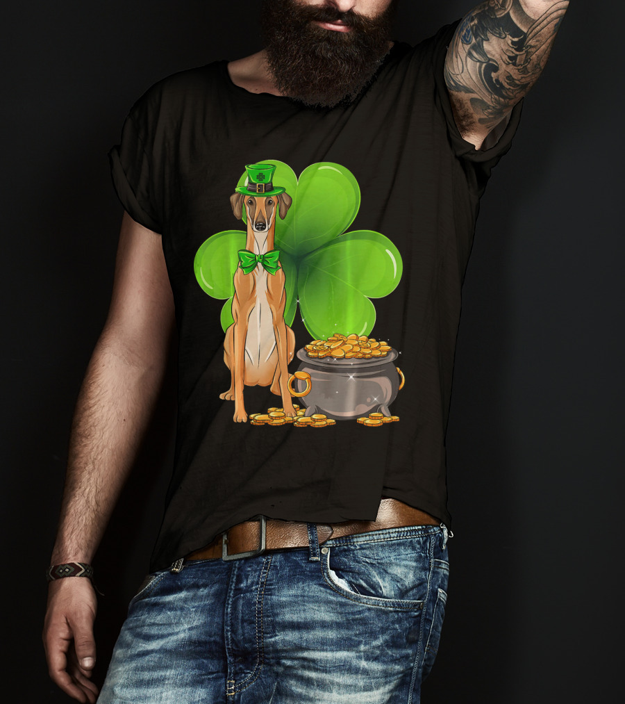 Sloughi Dog With Leprechaun Hat And Clover St Patricks Day Pot Of Gold T-Shirt