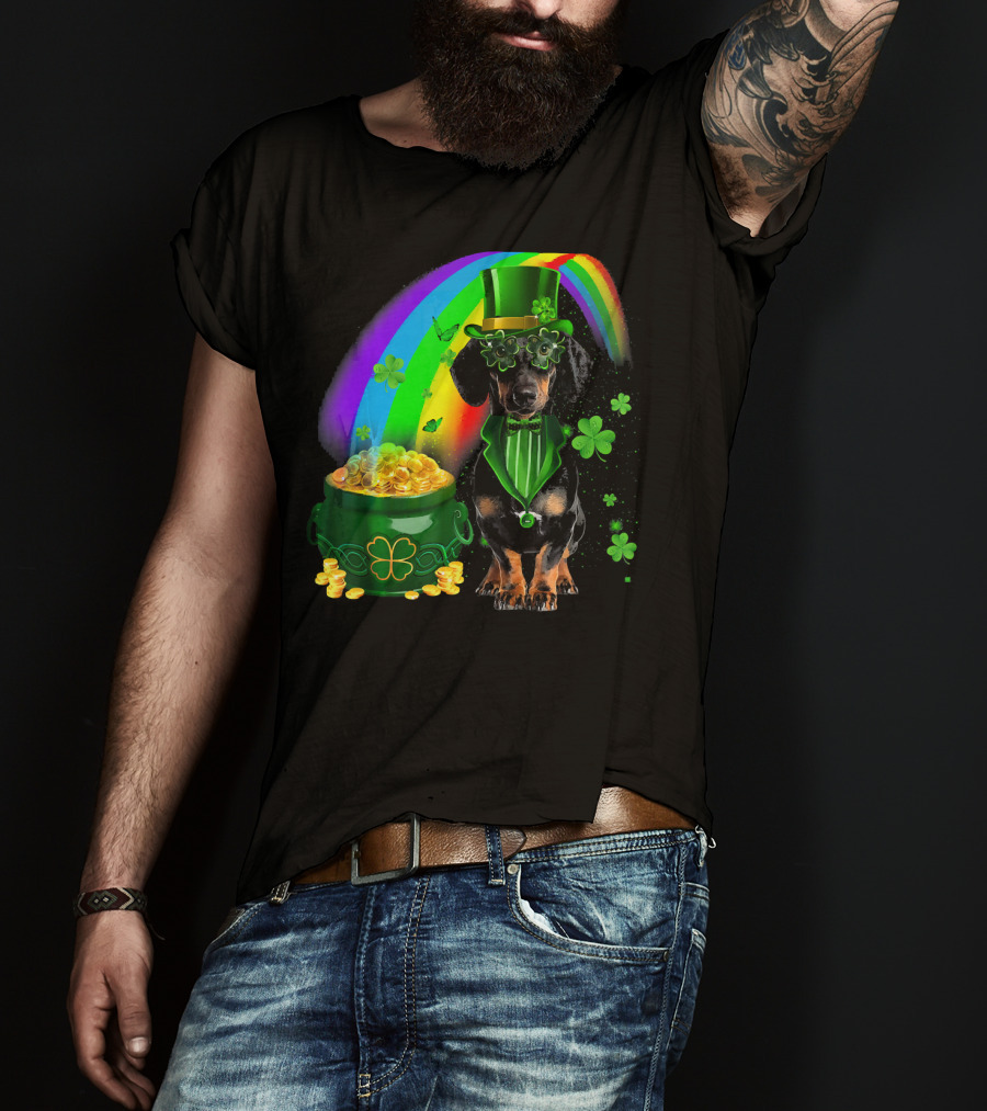 Dachshund Dog Irish Leprechaun With Pot Of Gold And Rainbow T-Shirt