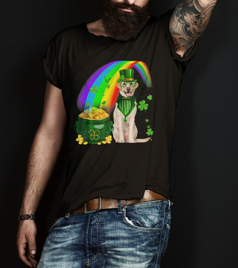Labrador Dog Leprechaun With Rainbow Coins And Shamrock Saint Patrick's Day Irish Charm T-Shirt