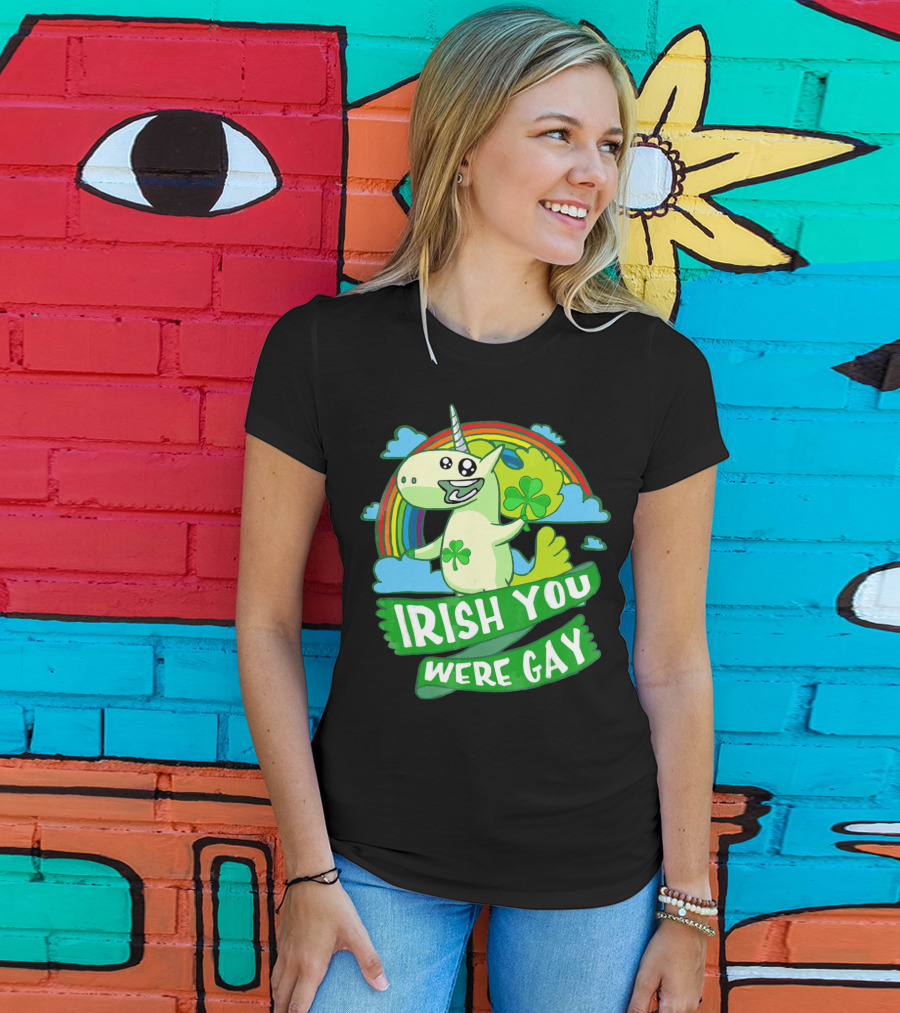 Unicorn Irish You Were Gay Rainbow Shamrock Clouds T-Shirt