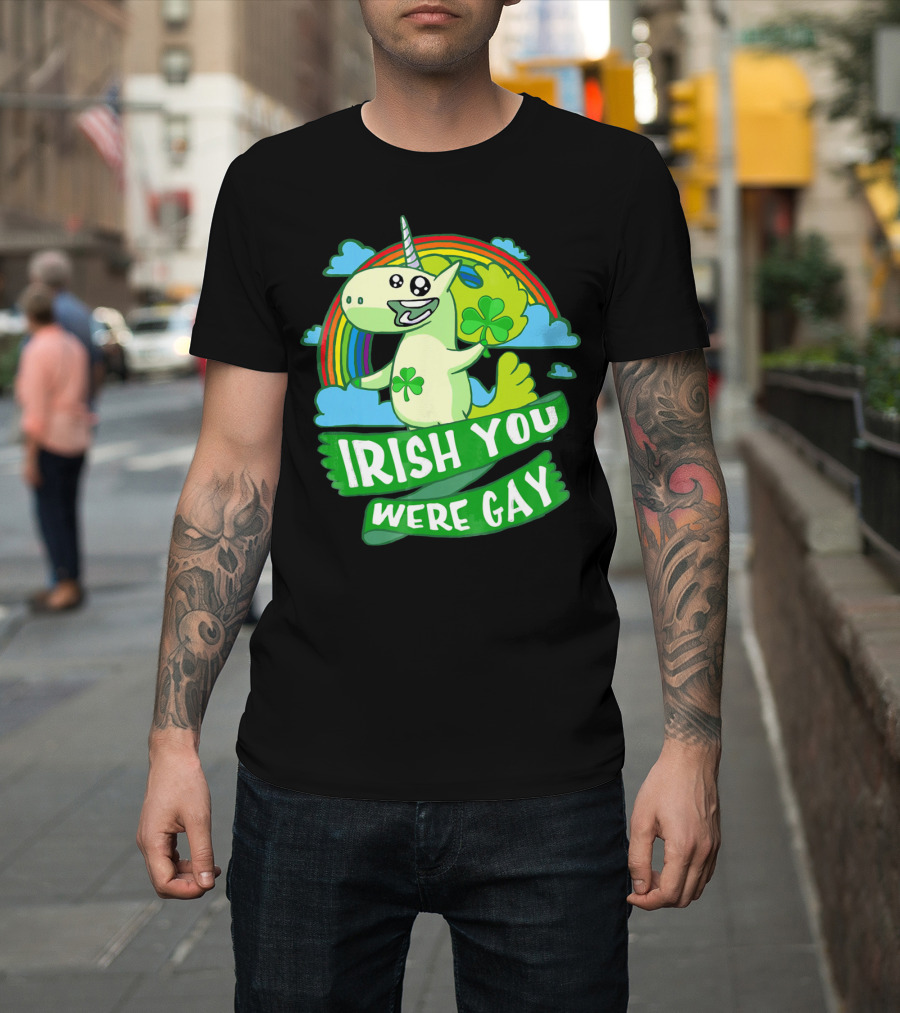 Unicorn Irish You Were Gay Rainbow Shamrock Clouds T-Shirt
