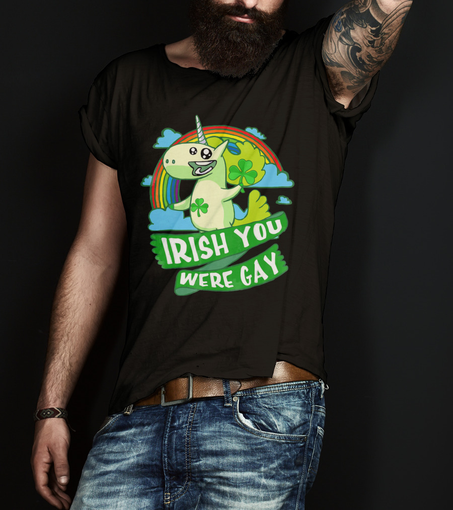 Unicorn Irish You Were Gay Rainbow Shamrock Clouds T-Shirt