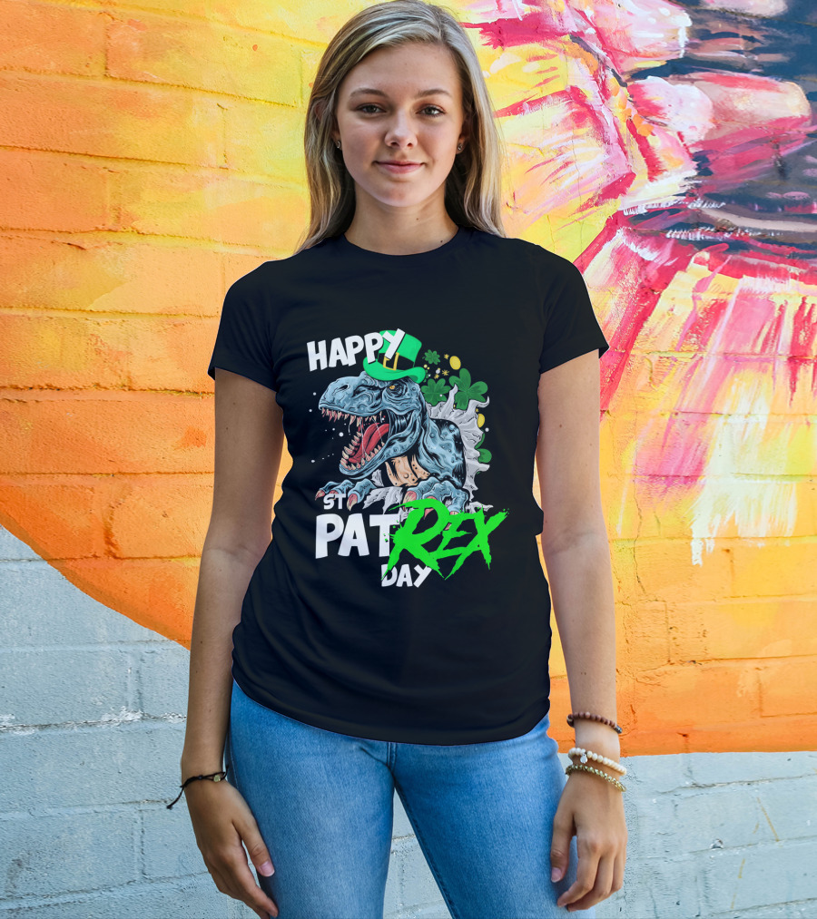 St Patricks Day Rex Happy Pat With Leprechaun Hat And Shamrocks T-Shirt