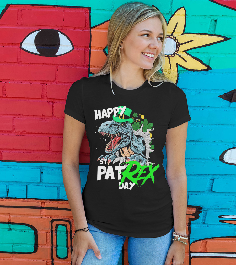 St Patricks Day Rex Happy Pat With Leprechaun Hat And Shamrocks T-Shirt