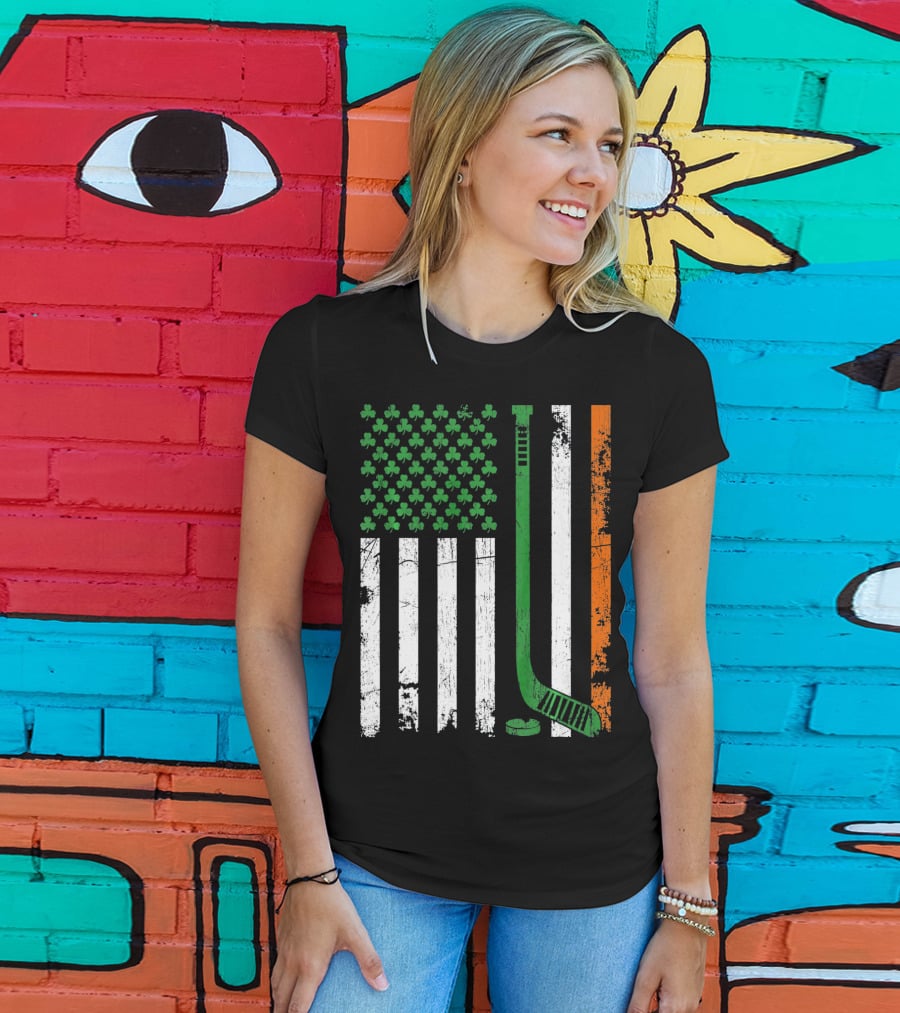 Irish American Flag Shamrock Hockey Stick T-Shirt