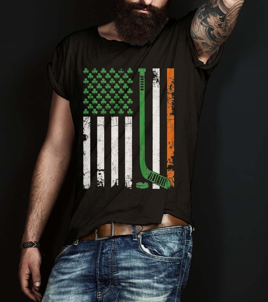 Irish American Flag Shamrock Hockey Stick T-Shirt