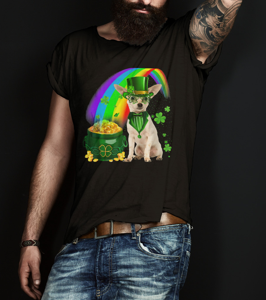Chihuahua Irish Leprechaun With Shamrock And Rainbow Coin Pot T-Shirt