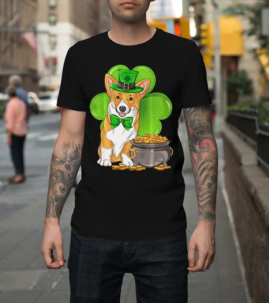 Pembroke Welsh Corgi St Patricks Day Leprechaun Hat Shamrock Pot of Gold T-Shirt