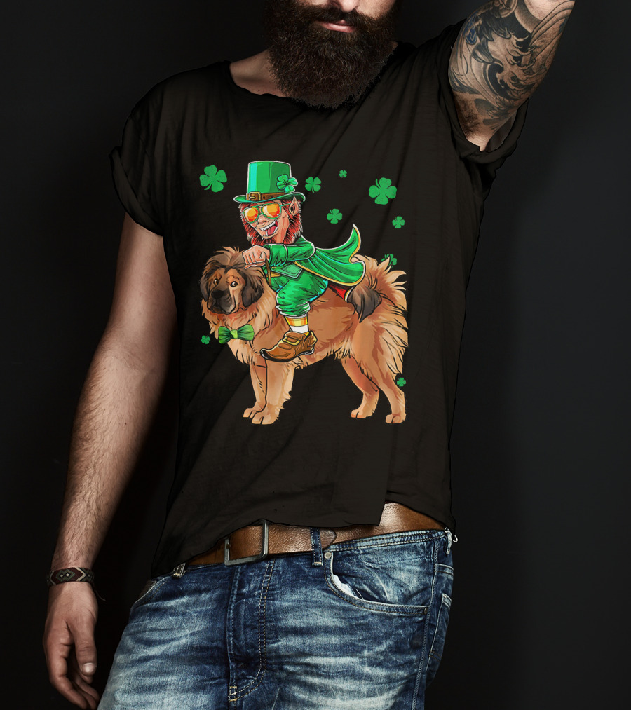Leprechaun Riding Tibetan Mastiff With Shamrocks T-Shirt