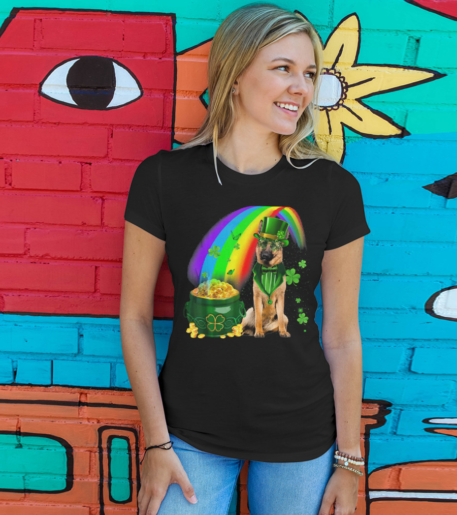 German Shepherd Irish Leprechaun Rainbow Pot Of Gold Shamrock T-Shirt