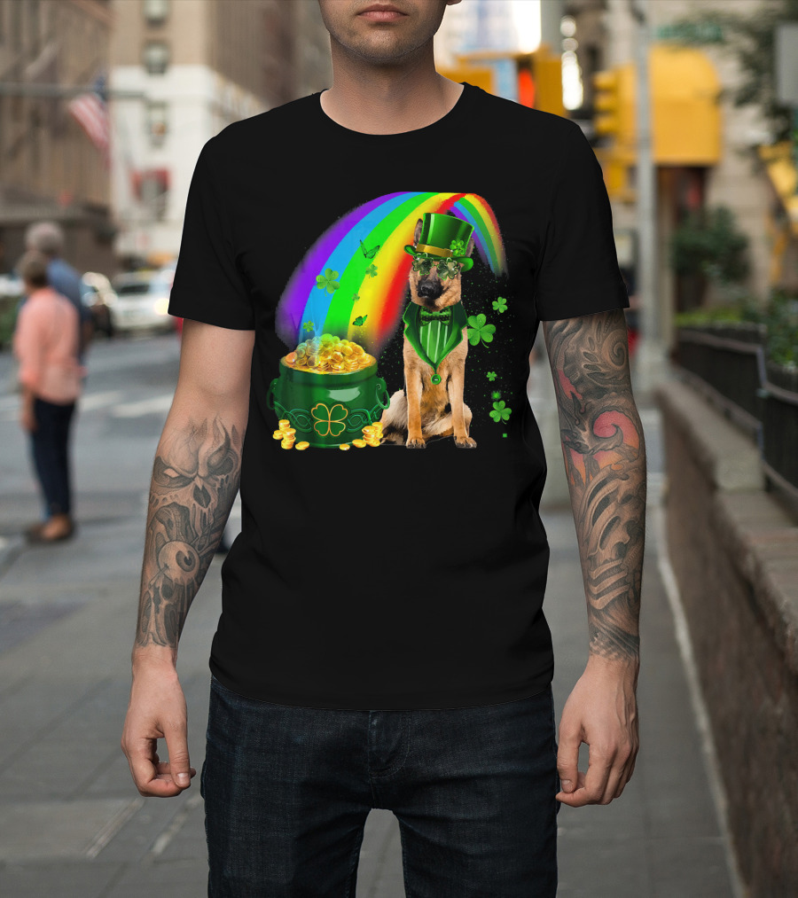 German Shepherd Irish Leprechaun Rainbow Pot Of Gold Shamrock T-Shirt