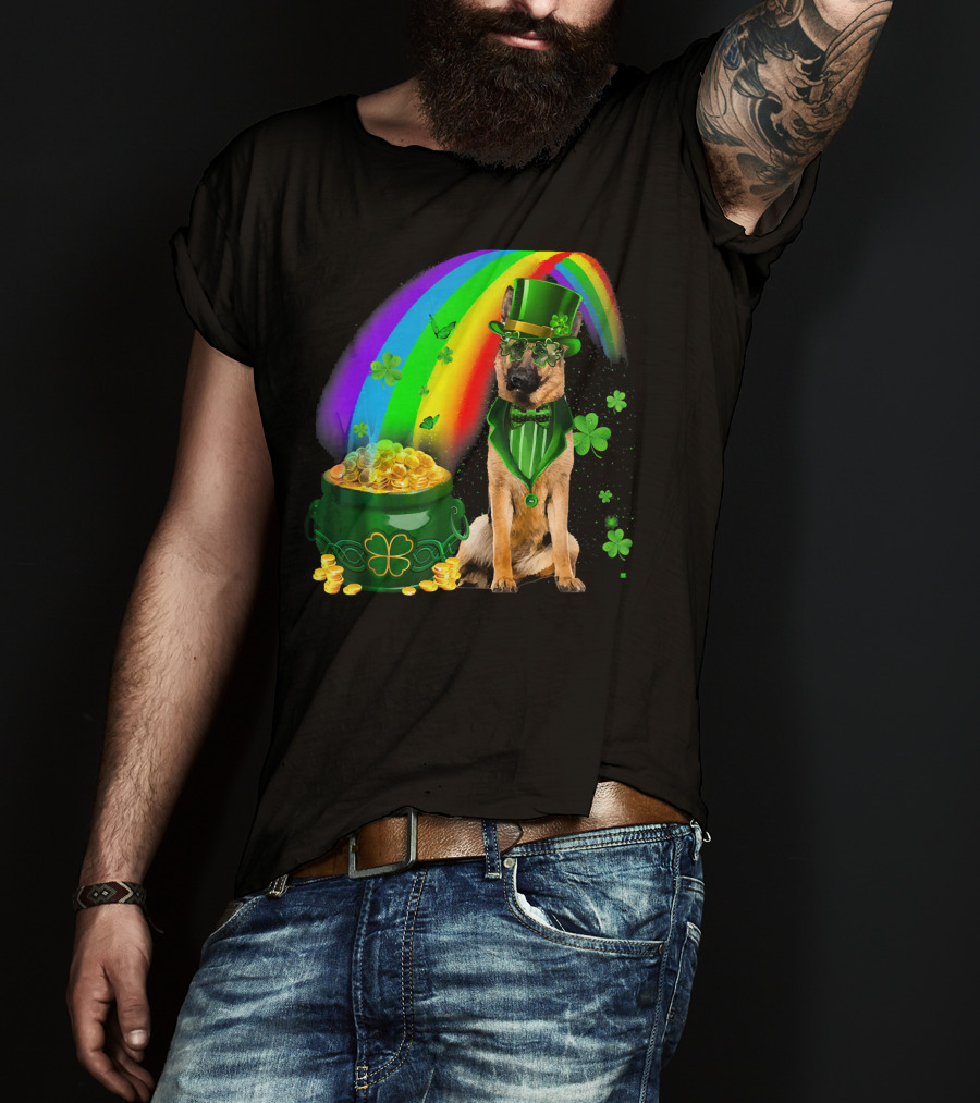 German Shepherd Irish Leprechaun Rainbow Pot Of Gold Shamrock T-Shirt