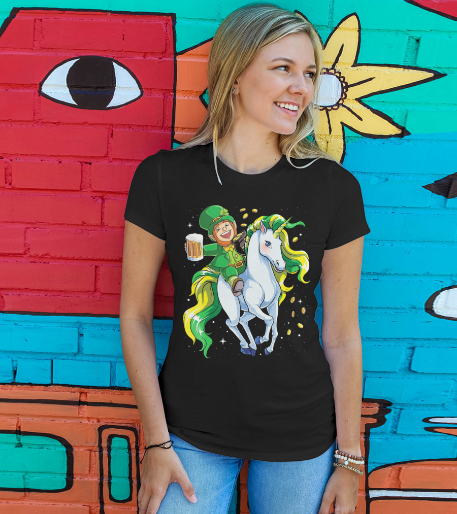 Leprechaun Riding Unicorn With Beer And Coins T-Shirt
