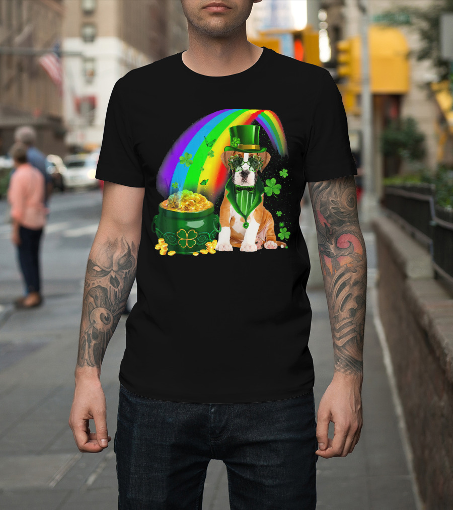 Boxer Dog Irish Leprechaun Coin Rainbow Clover Saint Patrick's Day T-Shirt