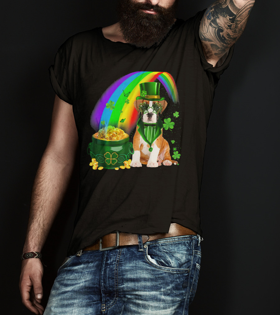 Boxer Dog Irish Leprechaun Coin Rainbow Clover Saint Patrick's Day T-Shirt